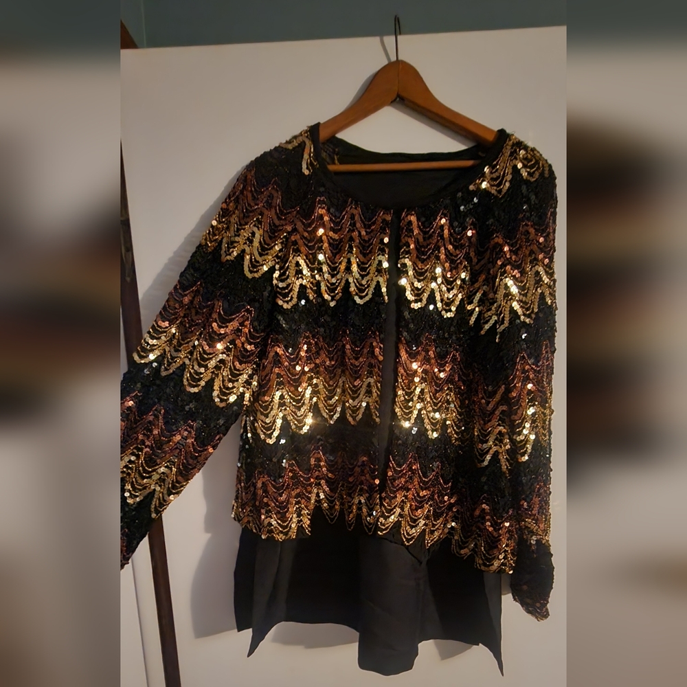 Sequin Zigzag Top in Black, Gold, and Brown with Sheer Sleeves, LRG
